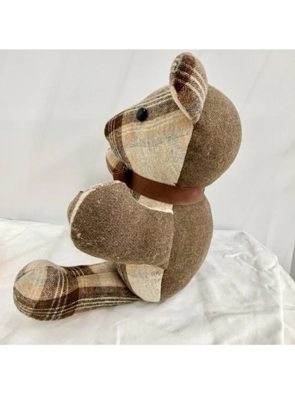 Vintage Handmade Patchwork Plaid Plush Stuffed Animal Teddy Bear Ribbon Bow Toy
